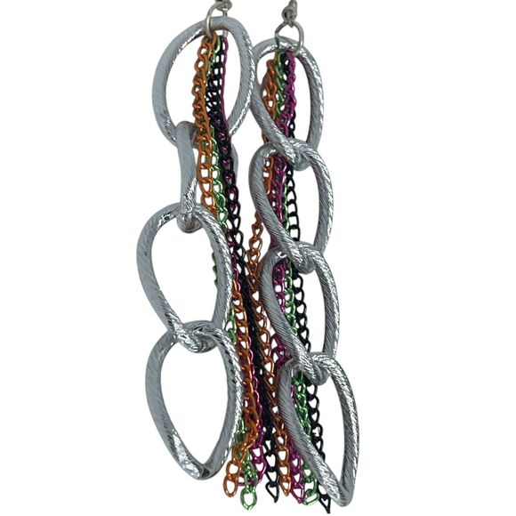 Silver Tone Earrings Chain Drop Style Fashion Trendy Stunning Statement Chic - Picture 6 of 8